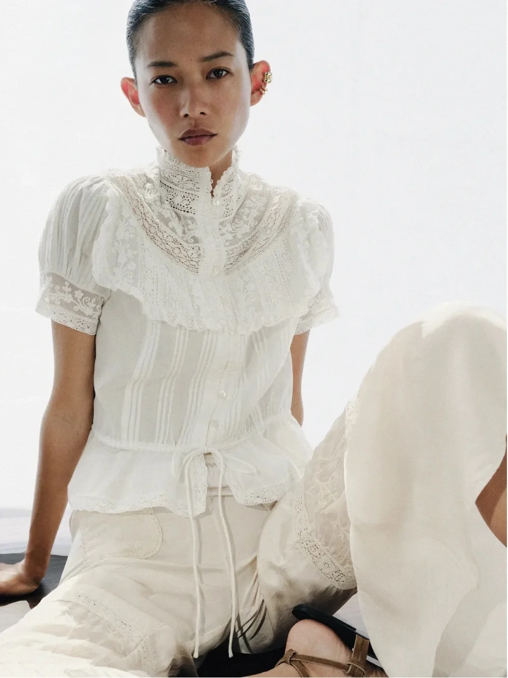 Zara Ivory Lace Yoke Peplum Button-Front Top